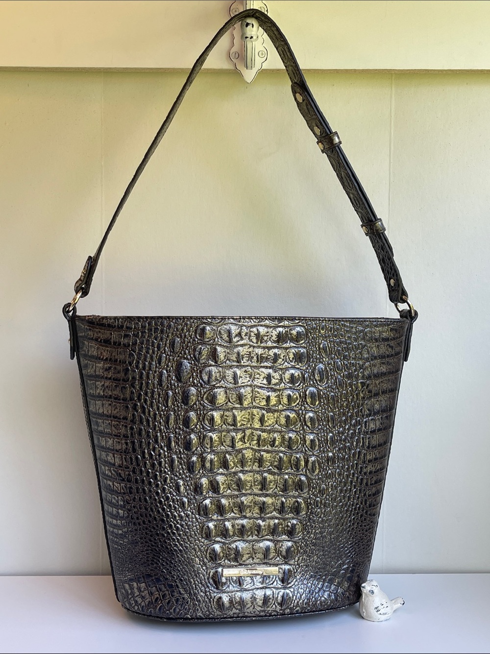 Brahmin Croc-embossed Leather Bucket Shoulder Bag